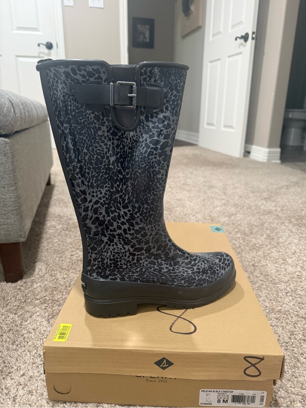 Sperry Gray Black Cheetah-Print Rain Boots